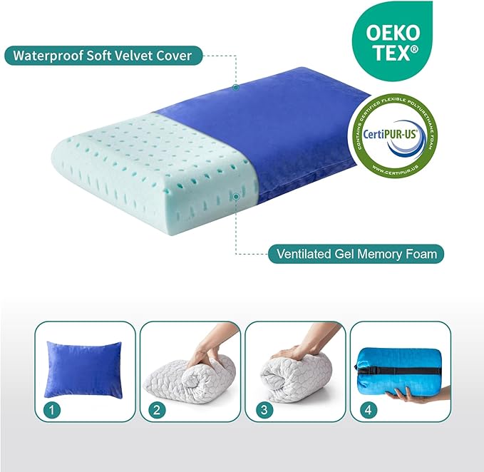 Small Gel Memory Foam Camping Pillow Travel - Contoured Support -Compressible Pillow Ideal for Backpacking, Camping, Travel, Car, Airplane,Office Nap
