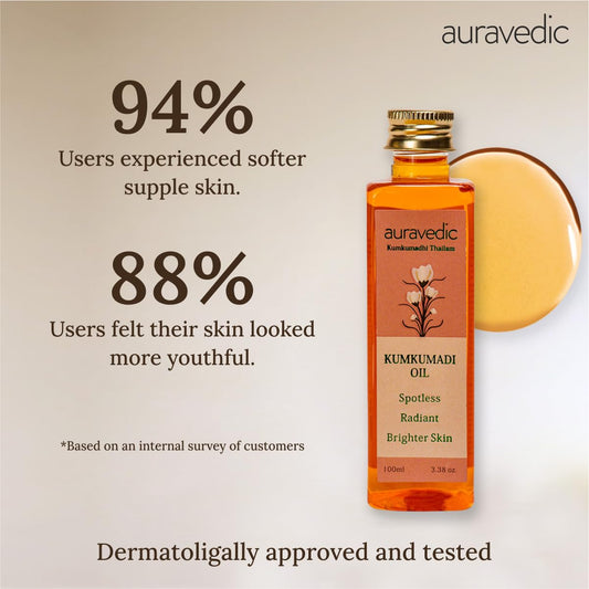 Auravedic Kumkumadi Oil Pure Saffron for Ultra Radiant Skin | Ayurvedic Oil for Dull, Dehydrated & Tired Skin | Lightweight Hydrating Formula for Smooth Texture | 3.38 Fl Oz (100ml)