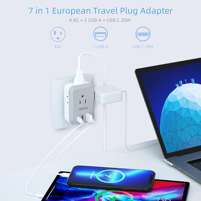 BESTEK 3 Pack European Travel Plug Adapter USB C - US to Europe Plug Adapter with 4 Outlets 3 USB Charger (1 PD 20W) Type C Plug Adapter Travel Essentials to Most Europe EU Spain Italy France Germany