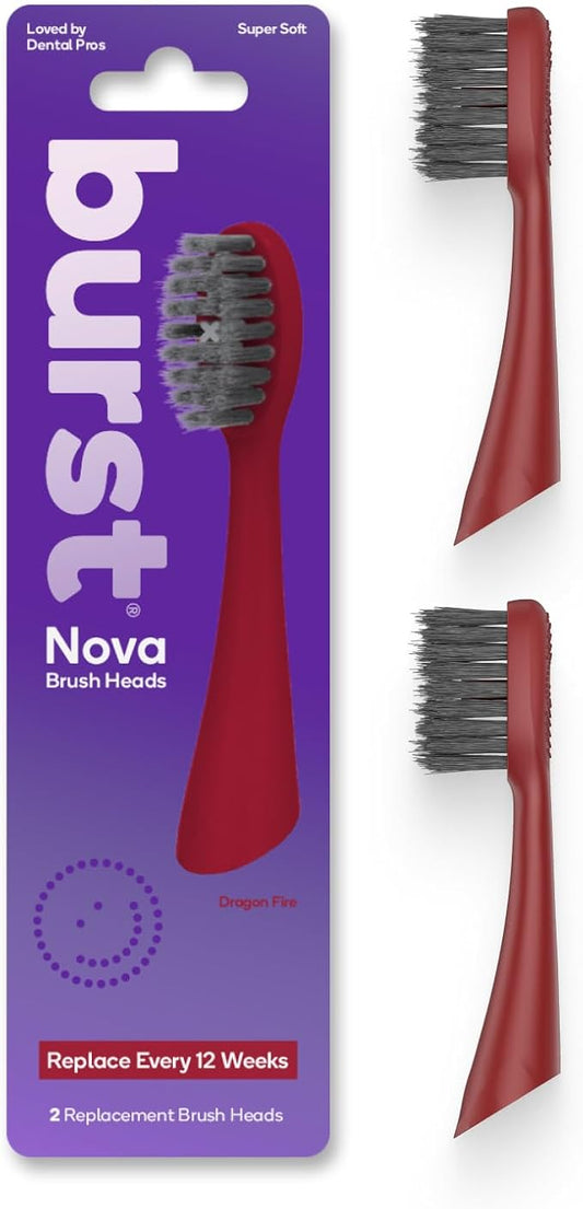 BURST Replacement Heads for Nova Sonic Toothbrush (Red) | Super-Soft Bristles Reduce Risk of Abrasion & Irritation | Tapered Ends Reach Below The Gumline | for a Whiter, Brighter Smile