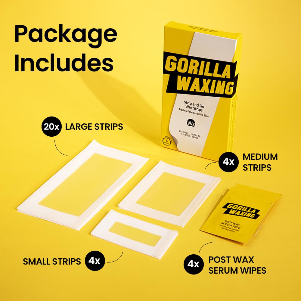 Gorilla Waxing Strip & Go Wax Strips Kit – 28 Multi-Size Wax Strips + 4 Calming Serum Wipes, Ready-to-Use Hair Removal for Face & Body, Sensitive Skin, No Heating Needed, Korean Skin Care