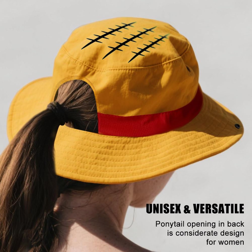 3-in-1 OP Captain Inspired Sun Hat Set - UPF 50+ Foldable Wide Brim Bucket Hat with Adjustable Back Vent + Strawhat Key Case & Enamel Pin, Unisex Waterproof Outdoor Hat for Women/Men