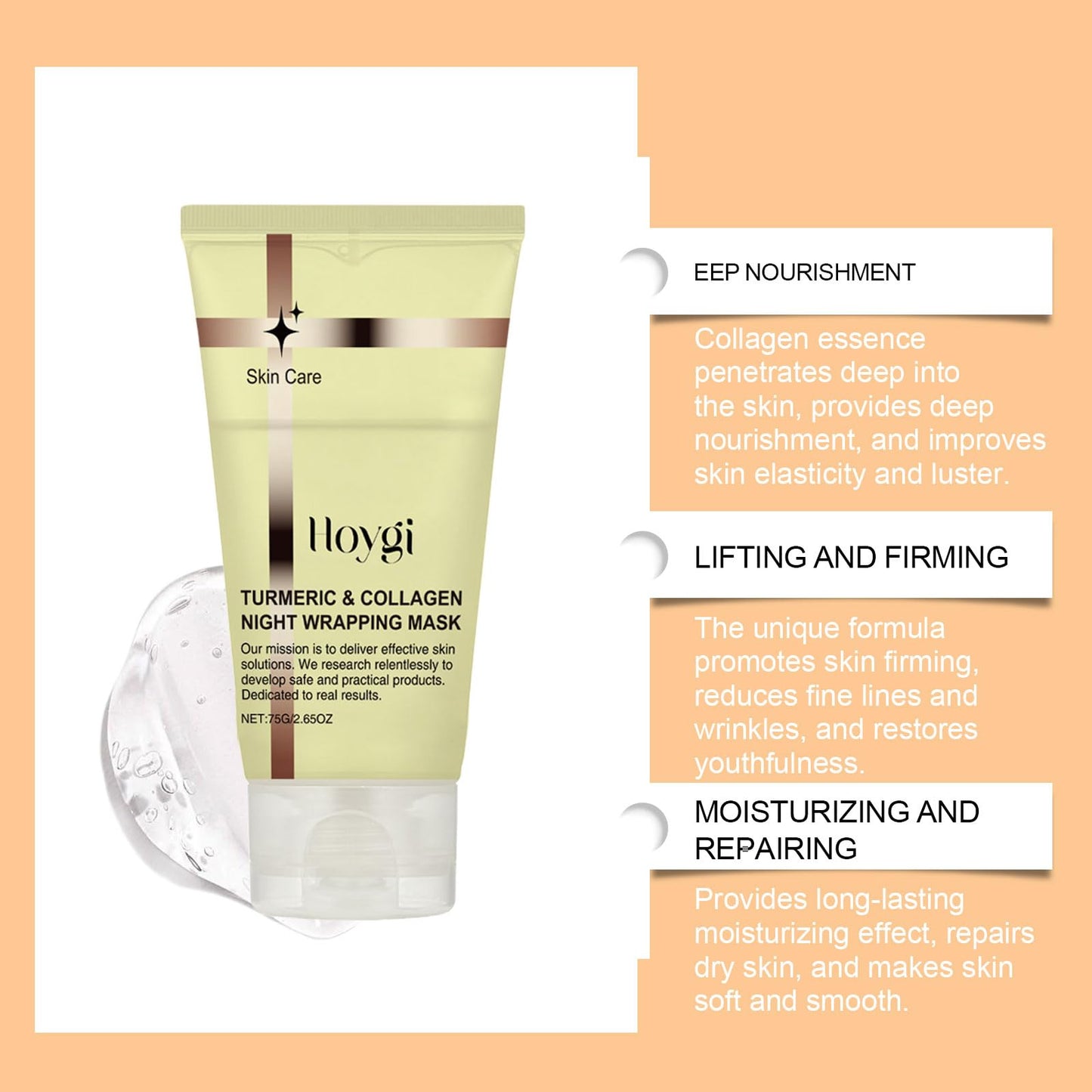 HOYGI Turmeric Collagen Face Mask, Overnight Wrapping Face Mask Peel Off Facial Mask for Elasticity and Hydration, Reduce Sagging and Dullness for All Skin Type, 2.65 Fl Oz