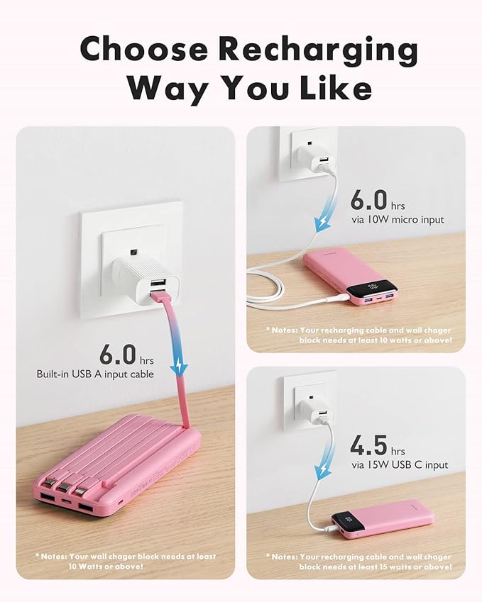 charmast Portable Charger with Built in Cables, Power Bank with Cords Wires, Slim 10000mAh Travel Battery Pack 6 Outputs 3 Inputs 3A Fast Charging for Samsung Google Pixel LG Moto iPhone iPad