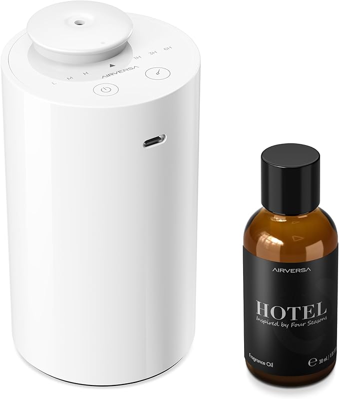 Waterless Essential Oil Diffuser Starter Kit with 30mL Fragrance Oil Inspired by Four Seasons Hotel, Battery Operated Mini Scent Air Machine Portable Diffuser for Home Car Office, White AN6