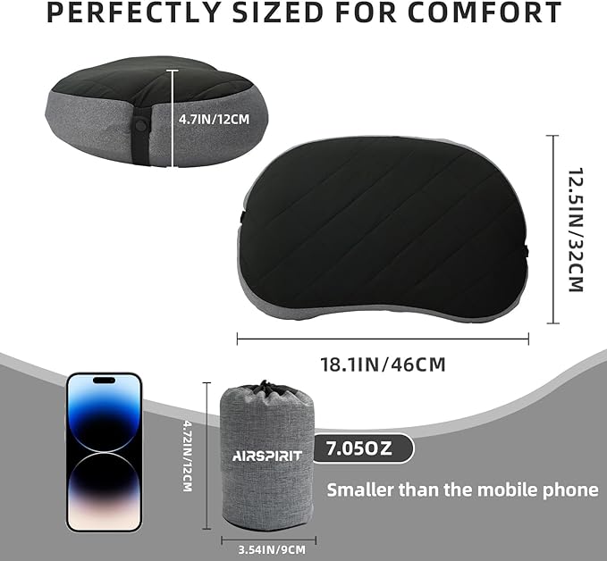 AIRSPIRIT Ultralight Camping Pillow Inflatable with Removable Washable Cover, Compact Travel Pillow for Neck Support, Hiking, Backpacking, Office, Airplane, Car & Beach - Adjustable Firmness (Black)