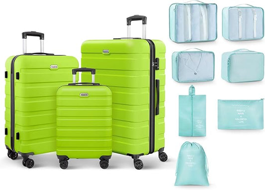 AnyZip Luggage Sets 10 Piece Hardshell Suitcase Set PC ABS Lightweight Travel Suitcases with 4 Double Spinner Wheels TSA Lock 20 24 28 Inch with 7 Storage Bags Apple Green