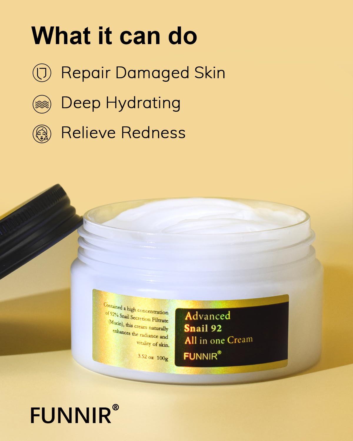 FUNNIR Snail Mucin Moisturizer 92%, Lightweight Moisturing Cream, 100g, Youthful and Radiant Formula, Repair Face Cream for All Skin Types, Skincare Products