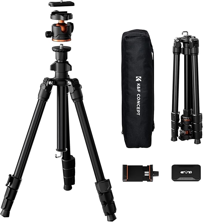 K&F CONCEPT 70" Camera Tripod, Lightweight Travel Tripods for Camera with 360 Degree Ball Head Load Capacity 17.6lbs, Cellphone Clip for Smartphone Live Streaming Vlog K234A3+BH-36