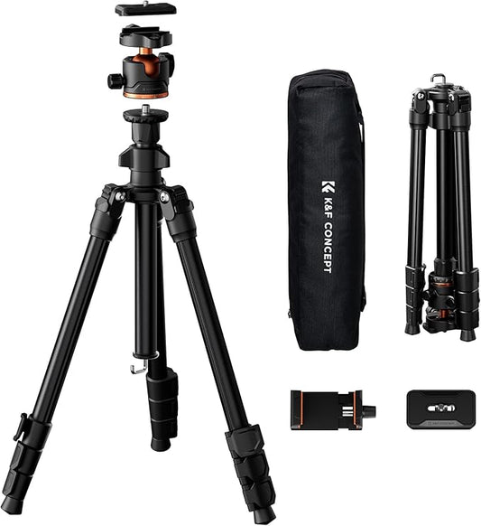 K&F CONCEPT 70" Camera Tripod, Lightweight Travel Tripods for Camera with 360 Degree Ball Head Load Capacity 17.6lbs, Cellphone Clip for Smartphone Live Streaming Vlog K234A3+BH-36