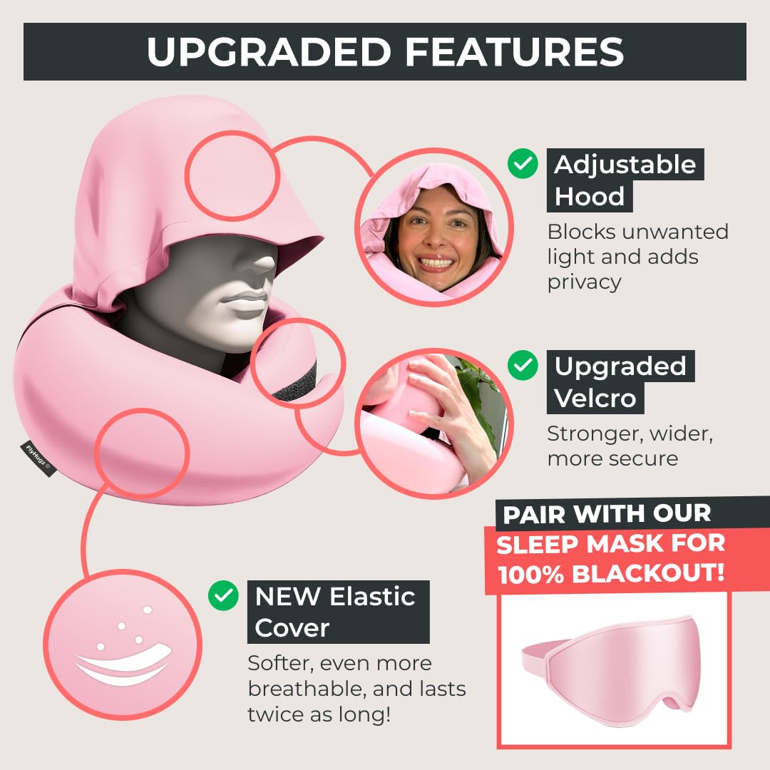 FlyHugz® 2.0 Hooded Travel Pillow – 2025 Original Release – Memory Foam Neck Pillow with Adjustable Hood & Premium Elastic Washable Cover – First Class Comfort for Flights, Road Trips & Sleep- Pink