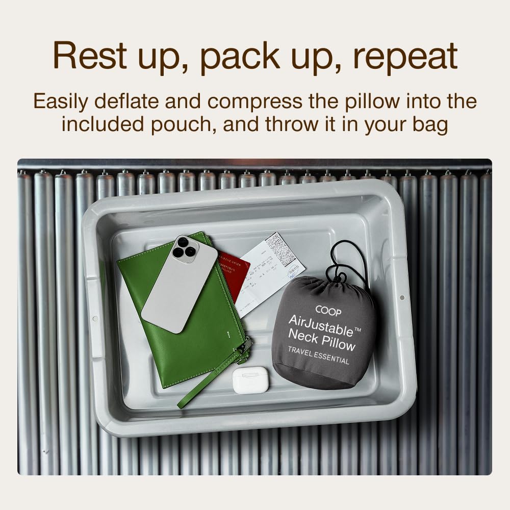 Coop Home Goods AirJustable Travel Neck Pillow, Inflatable, Adjustable Support for Neck & Chin, Compact Travel Pillow, Soft Memory Foam Comfort, Airplane Travel Essentials, Cooling & Washable Cover