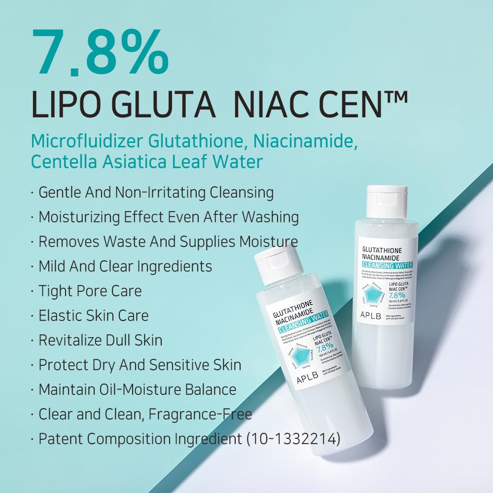 APLB Glutathione Niacinamide Cleansing Water | LIPO GLUTA NIAC CEN™ 7.8% 5.41 FL.OZ/Korean Skincare, Makeup remover for sensitive skin, Deep Hydration, Pore care