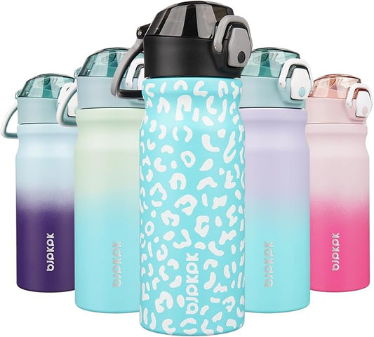 BJPKPK Insulated Water Bottle 18oz Stainless Steel Water Bottles With Straw And Carry Handle Double Wall Metal Thermo,Sky Blue Leopard
