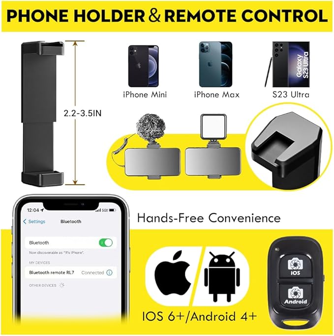 Aureday 88’’ Flexible Phone Tripod with 14.95’’ Gooseneck, Remote and Phone Holder, Overhead Cell Phone Stand＆Selfie Stick for Video Recording, Compatible with iPhone Android Phone, Camera