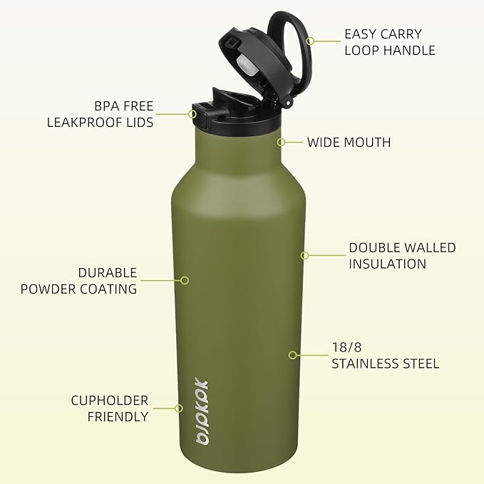 BJPKPK Insulated Water Bottle With Straw 17oz Stainless Steel Water Bottles With 2 Lids And Carry Handle Reusable Travel Metal Thermo,Olive Green