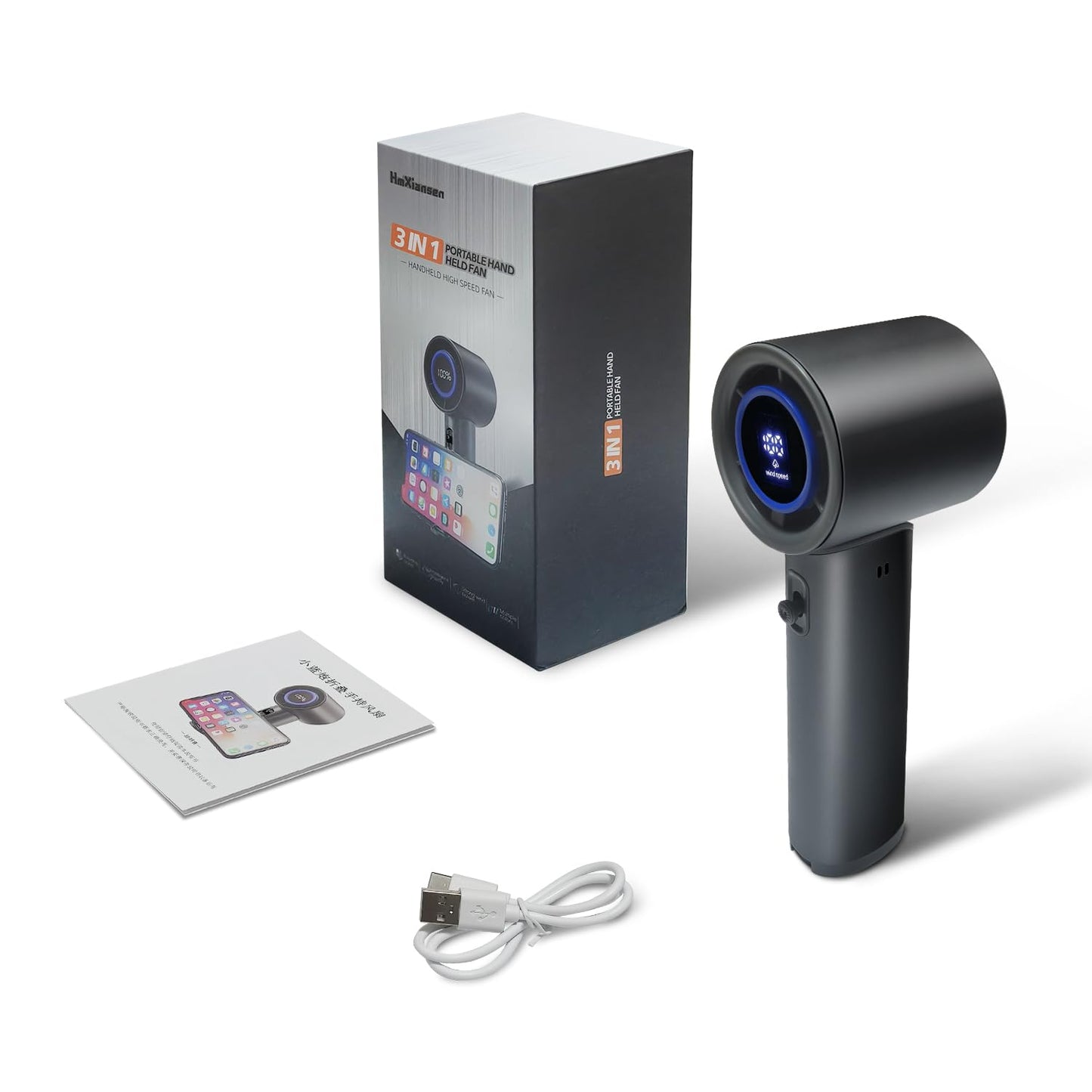 HmXiansen Portable Handheld Fan - 100 Speed Adjustable Turbo Mini Fan, 5000mAh Rechargeable Battery, Metal Body & Digital Display, Personal Desk Fan for Travel, Camping, Office, Outdoor - Grey