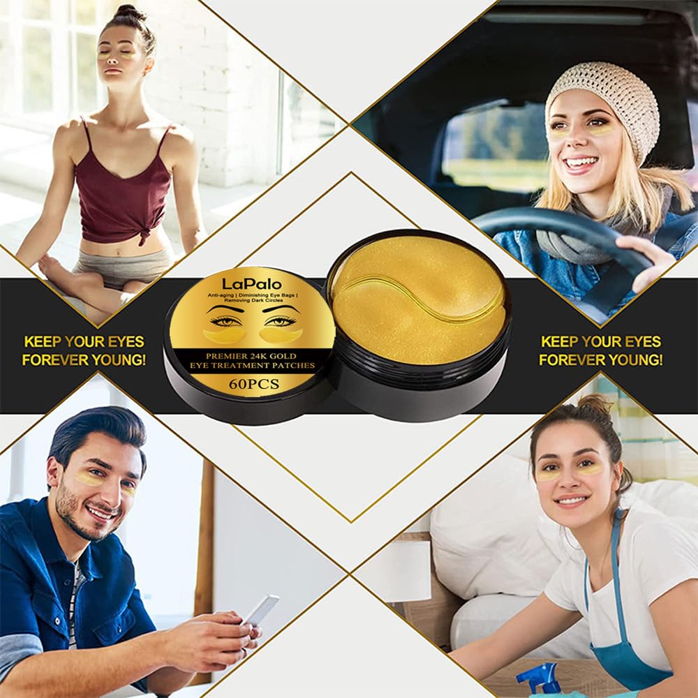 LaPalo 24K Gold Eye Mask (60Pcs) Under Eye Patches for Puffy Eyes & Dark Circles - with Collagen,Glycyrrhiza,Glabra, Natural Plant Ingredients Eye Skin Care Pads