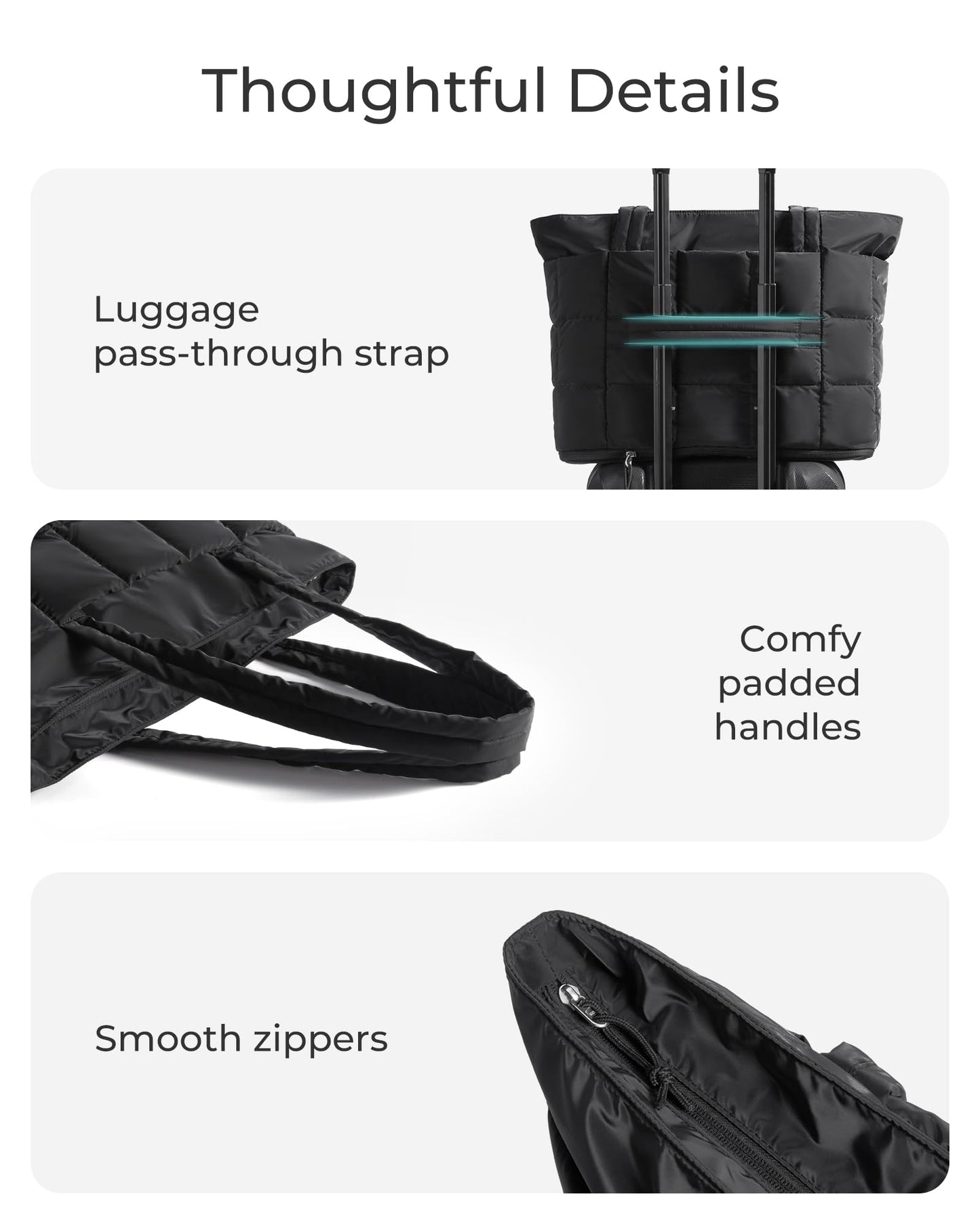BAGSMART Expandable Tote Bag for Women, Zippered Puffer Design with Water-Resistant Quilted, Nurse and Carry-On Travel Bag, Black