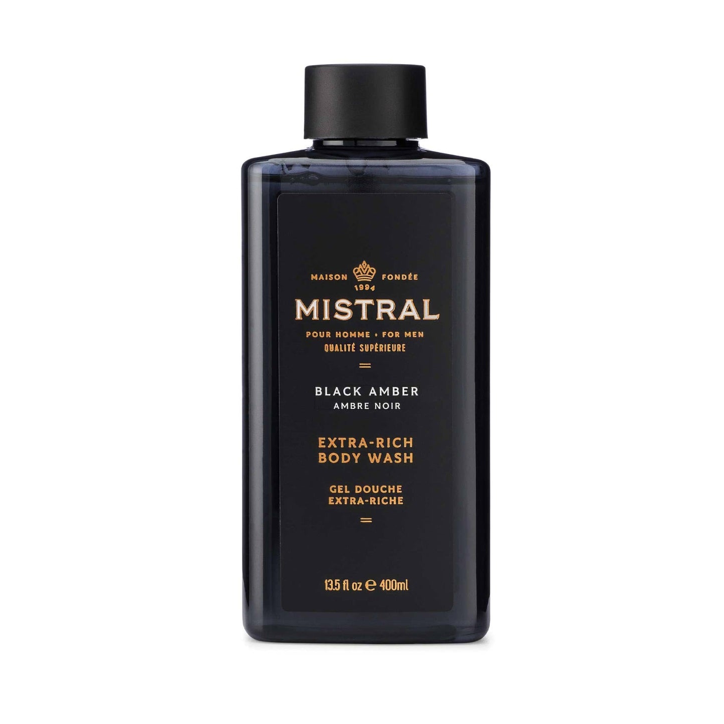Mistral Men's Body Wash & Shampoo, Black Amber 13.5 oz | 2-in-1 Natural Shower Gel for Men | SLS, Paraben & Phthalate Free | Natural Men’s Body Wash, Moisturizing Bath Gel - Made in France