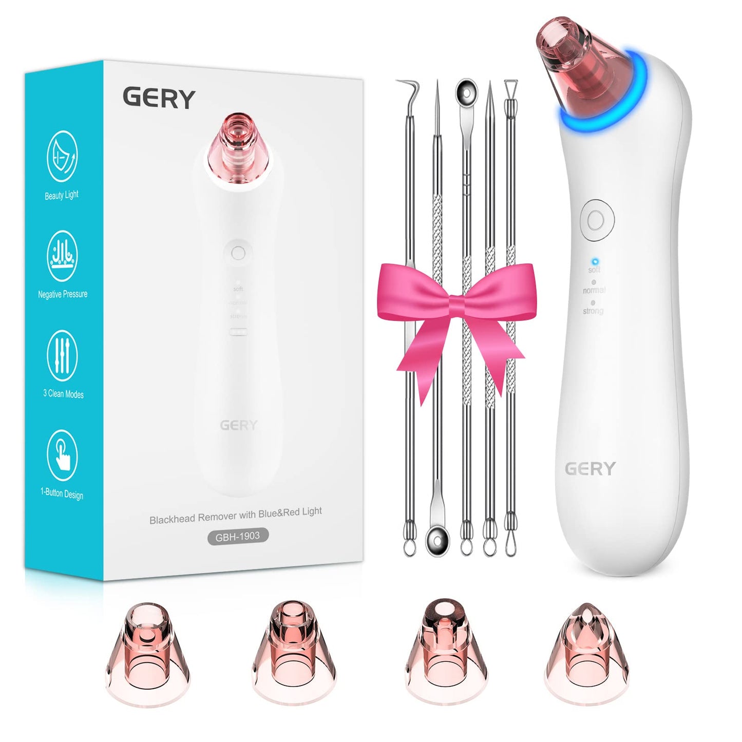 Blackhead Remover Pore Vacuum Extractor-Upgrade GERY Electric Comedone Acne Cleaner Kit Facial and Nose Peel Whitehead Removal Tool,Red Light Skin Rejuvenation & Blue Light Sterilization, and 4 Probes