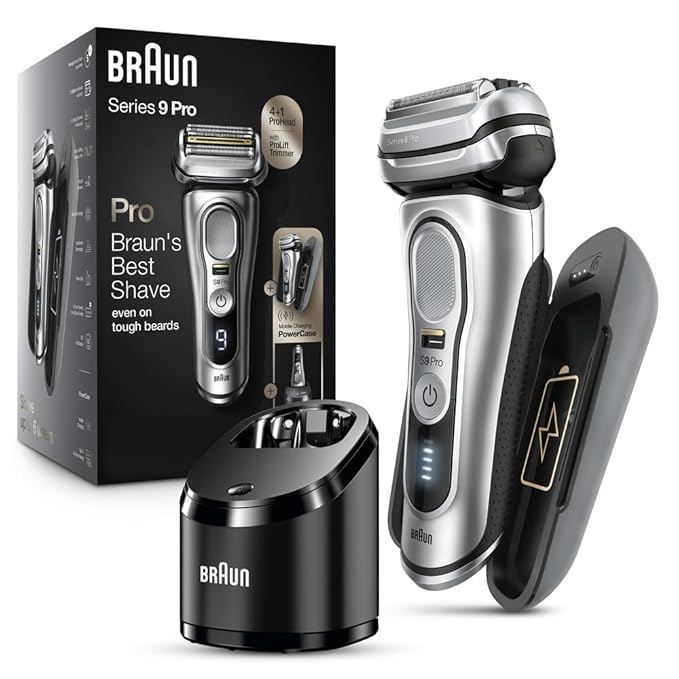 Braun Electric Razor for Men, Waterproof Foil Shaver, Series 9 Pro 9477cc, Wet & Dry Shave, with Portable Charging Case, ProLift Beard Trimmer, 5-in-1 Cleaning & Charging SmartCare Center, Silver