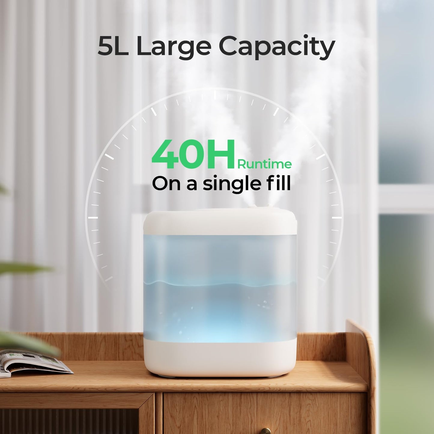 Homvana Humidifiers for Bedroom, 5L Super Easy to Clean Top Fill Auto Adapt Cool Mist Humidifier for Bedroom Plants Baby Kids for Home (Never Leaking Design), Quiet 40H Runtime, Essential Oil Diffuser