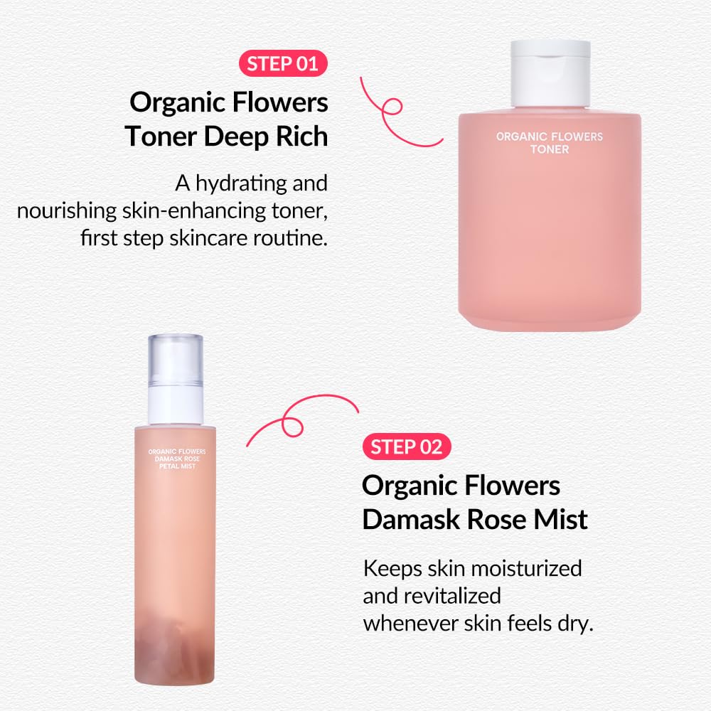 Whamisa Organic Flowers Damask Rose Petal Mist, Facial Mist Spray, Waterless Formula, Fermented Postbiotics, Hydration, Portable (100ml)