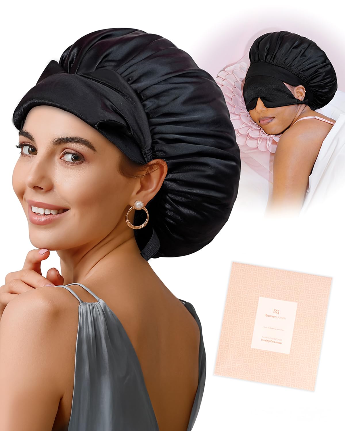 BONNET QUEEN Silk Bonnet for Sleeping Women Satin Bonnet with Eye Mask Non Slip Hair Wrap for Curly Hair Night Sleep Cap Black