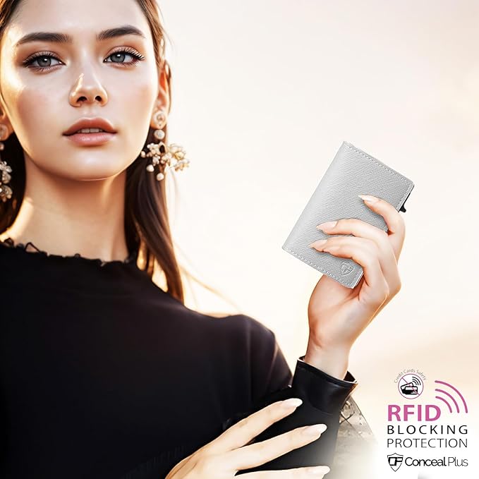 Card Blocr Womens Slim Wallet for Small Purses, Pop Up Wallet with Anti Theft RFID Blocking Credit Card Holder for Women in Platinum PU Saffiano Leather