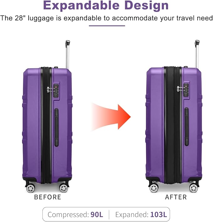 Kono 4 Piece Luggage Sets Expandable(only 28") Lightweight with Spinner Wheels TSA Lock Hardside Travel Rolling Suitcases 20in 24in 28in Carry on and 12in Mini Cosmetic Case Purple