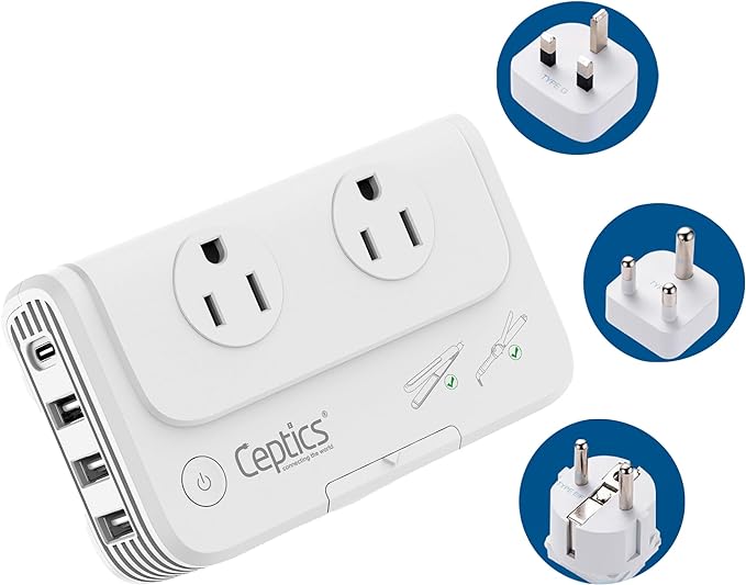 Ceptics South Africa Voltage Converter - 200W Convert 220V to 110V for Devices Like Curling Iron, Straightener, Chargers, Step Down World Power Plug 4 USB PD 18W Fast Charging Type M, G, E/F