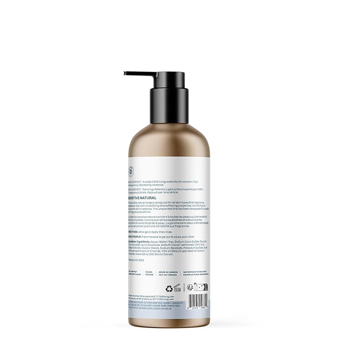 ATTITUDE Body Wash for Sensitive Skin, EWG Verified Shower Gel, Soothing Oat, Dermatologically Tested, Plant and Mineral-Based, Vegan Personal Care, Aluminum Bottle, Unscented, 16 Fl Oz