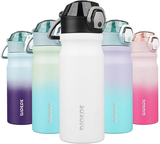 BJPKPK Water Bottle With Straw 18oz Insulated Water Bottles Reusable Stainless Steel Metal Thermo With Leak Proof Lockable Lid And Carry Handle,White