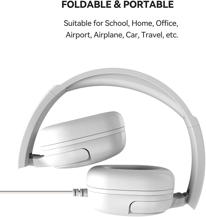 Kids Headphones for School, 3.5mm Jack Wired Headphones for Kids with Safe Volume Limiter, HD Stereo Sound On-Ear Girls Boys Toddler Headphone for Tablet, iPad, Kindle(Wihte)