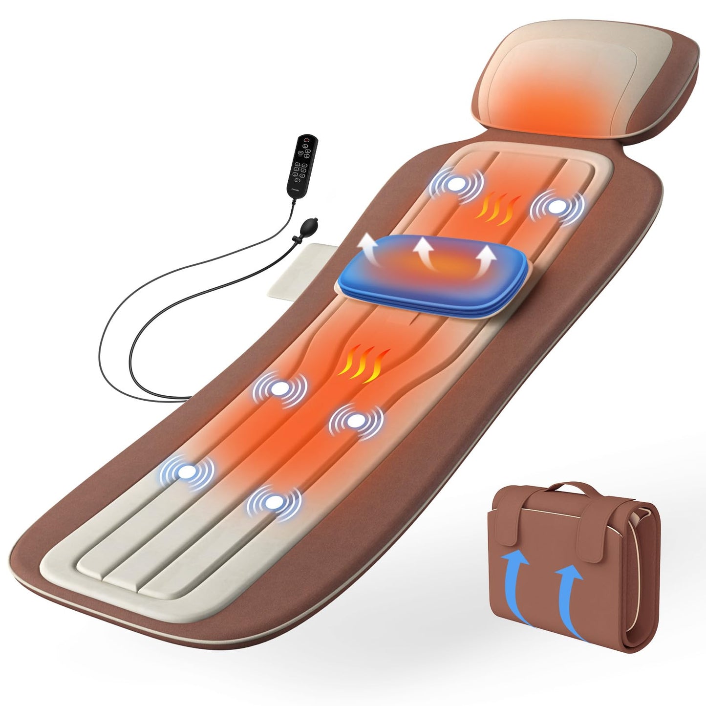 Full Body Massage Mat with Heat, Back Massage Pad with Lumbar Traction, Heating Pillow-Equipped, 4 Massage Modes & 6 Quieter Motors, Adjustable Waist to Fit 5'0-6'2, Foldable & Portable Design