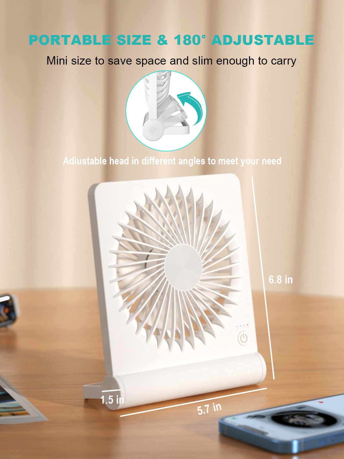 Small Desk Fan,Rechargeable USB Fan Battery Operated,Ultra Quiet, Strong Wind, 3 Speeds Travel Fans