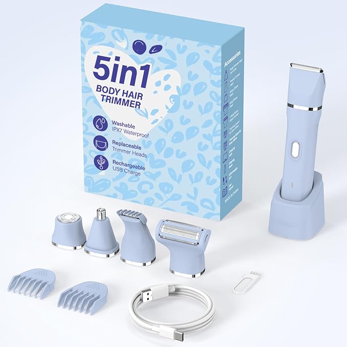 5-in-1 Bikini Trimmer for Women, IPX7 Waterproof Electric Razors Shaver, Cordless Body Hair Trimmer, Facial & Pubic Hair Removal, Ceramic Blade (Sky Blue)
