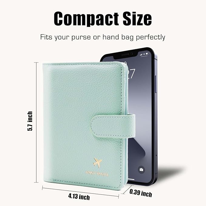 Cnycmy Passport Holder with RFID Blocking, Cash Pocket & Back Zipper Coin Pocket - Travel Document Holder, Magnetic Button, Multiple Card Slots - Soft PU Leather for Men and Women(AQUA GREEN)