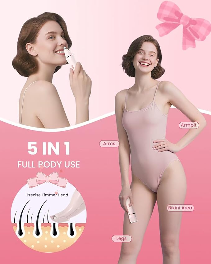 Bikini Trimmer for Women - 5 in 1 Painless Electric Razors for Ladies Pubic Facial Nose Body Leg Hair Removal, Waterproof Electric Shaver for Women Private Area Sensitive Skin,Personal Hair Trimmer