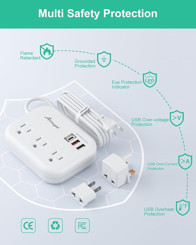 Alitayee PD30W USB C Travel Power Strip, European Travel Plug Adapter with 3 Outlets 3 USB Ports, International Universal Plug Adapter with 4ft Extension Cord to EU US UK Italy Spain France Germany