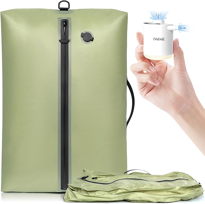 BAGAIL TPU Vacuum Bag for Travel, Reusable Compression Bag with IPX8 Waterproof Zipper, Save Space for Suitcase, Backpack and Carry on (Green, Large, With Pump)