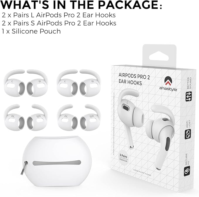 AhaStyle 4 Pairs AirPods Pro 2 Ear Hooks【Added Storage Pouch】 Anti-Slip Ear Covers Silicone Accessories Compatible with Apple AirPods Pro 2nd Generation (2 Large+2 Small, White)