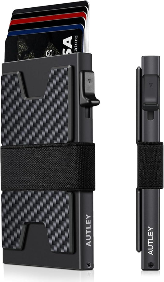 AUTLEY Slim Wallet For Men, Minimalist Mens Wallet, Rfid Blocking Wallet, Pop Up Credit Card Holder with Cash Band (Carbon Fiber+Black)