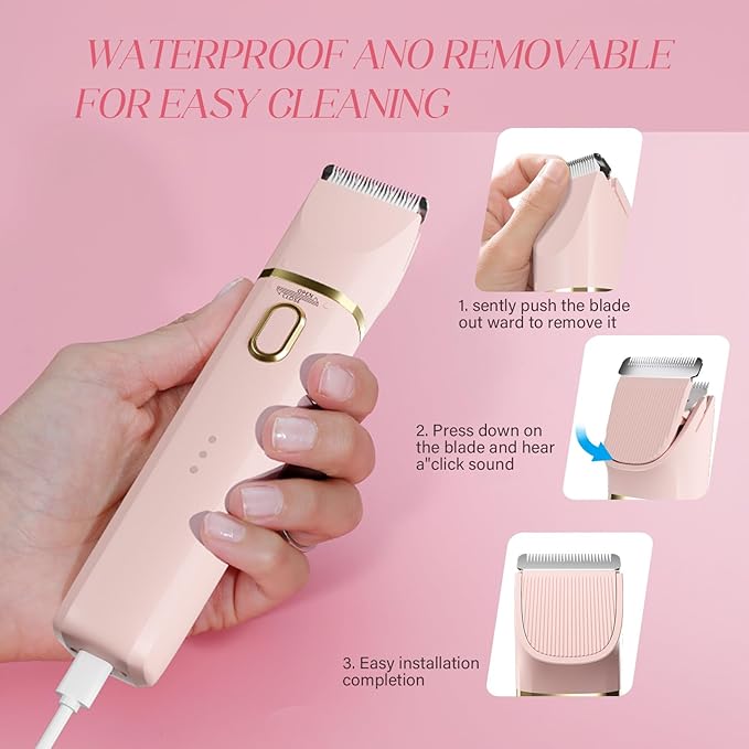 Bikini Trimmer for Women: 3 in 1 Gentle&Painless Electric Razor for Women,120min Cordless Runtime,USB Charge Dock,Ceramic Blade,IPX7 Waterproof Wet & Dry Use &Easy Cleaning Travel Grooming Kit (Pink)