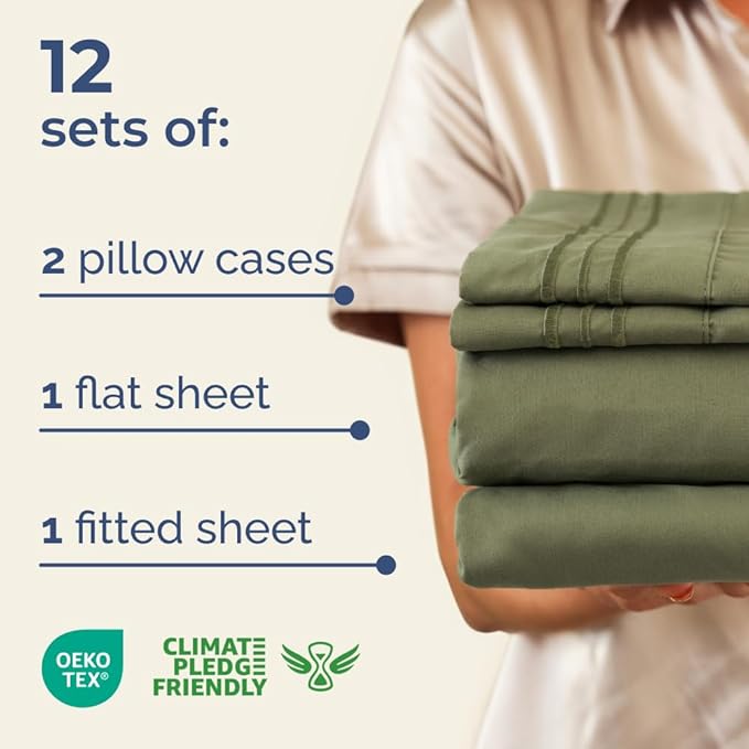 Bulk Case Pack of 12 Sheet Sets - (12) Complete Cal King Size Sheet Sets w/Deep Pockets - Wholesale Bulk Bedding for Hotels, Spas & Airbnbs - Breathable, Soft & Wrinkle Free - (Cal King, Sage Green)