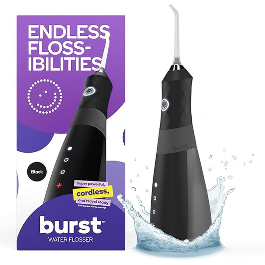 Burst Electric Water Flosser for Teeth Cleaning (3 Modes/Black) | Cordless | Plaque Removal Between Braces & Dental Work | Portable Floss | Refillable 110mL Tank