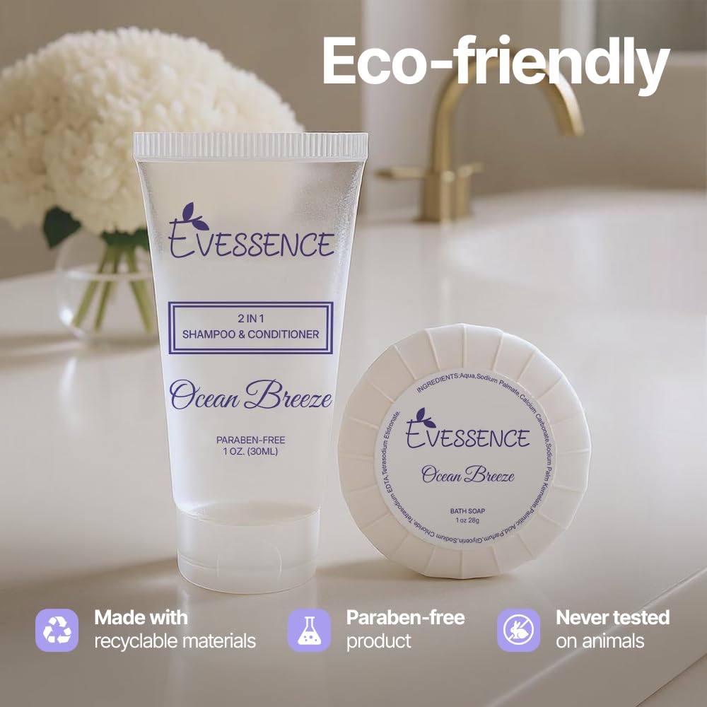 Evessence Bath Soap & Shampoo Set, 1 oz Each, 100 Piece Hotel Amenities, Round Bars