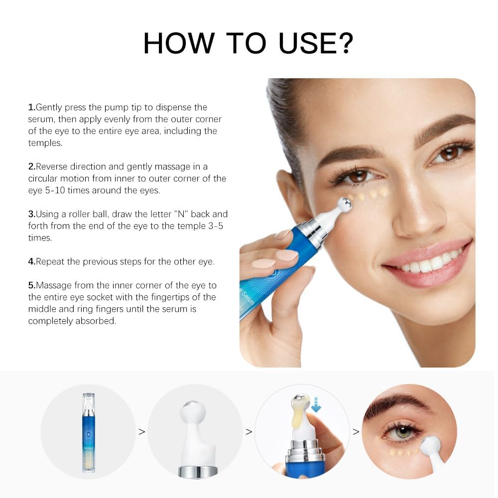 5% Caffeine Eye Serum, Anti-Aging Under Eye Roller Cream for Dark Circles Puffiness Wrinkles and Fine Lines, Korean EyeCare Cream with 360°Massage Ball, EyeBags Treatment for Men and Women
