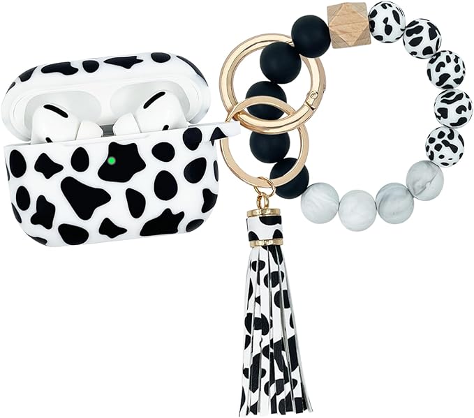 Compatible with Airpods Pro Soft Silicone Case Cover with Bracelet Keychain for Apple Airpod Pro 1st Generation Case for Women (Cow)